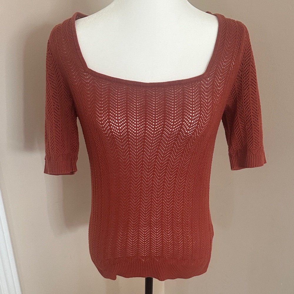 Reitmans Rust Openwork Square-Neck Knit Top